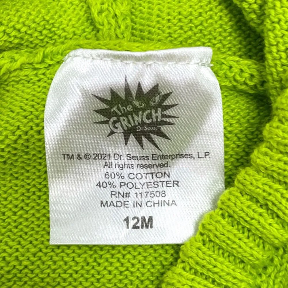 Baby 12 Months Knit Green Grinch Face Sweater Hood‎ Christmas
